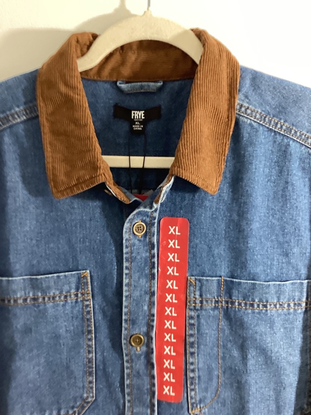 NWT FRYE MEN'S XL BARN SHACKET DENIM MEDIUM WASH WITH CORDUROY COLLAR - Picture 2 of 8